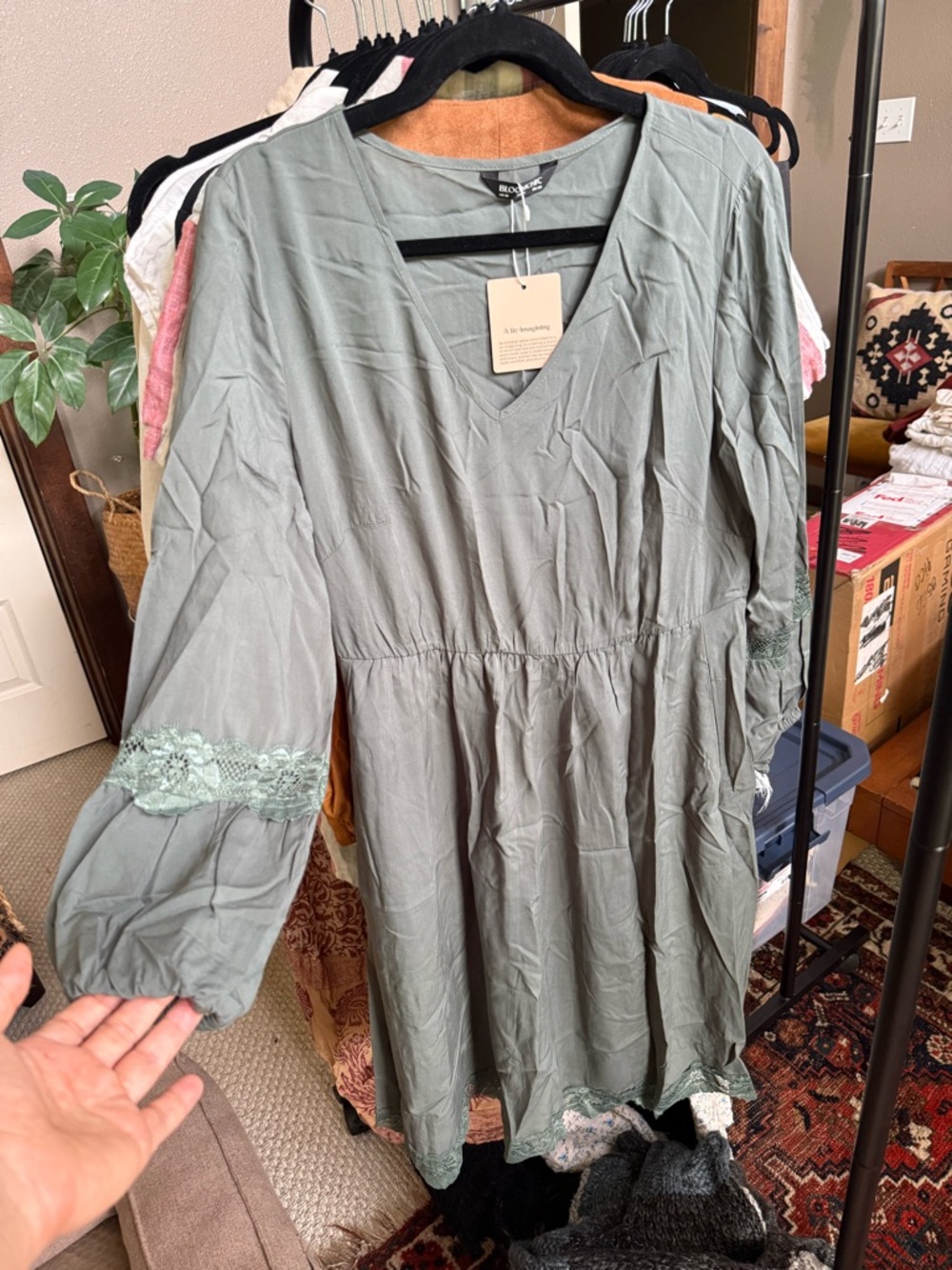BloomChic Sage Green V-Neck Lace Trim Dress